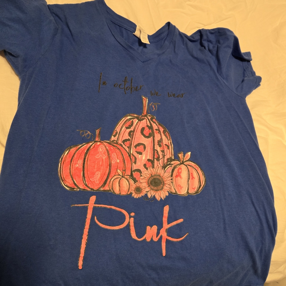 Blue Womans Shirt with Pink Pumpkin Design